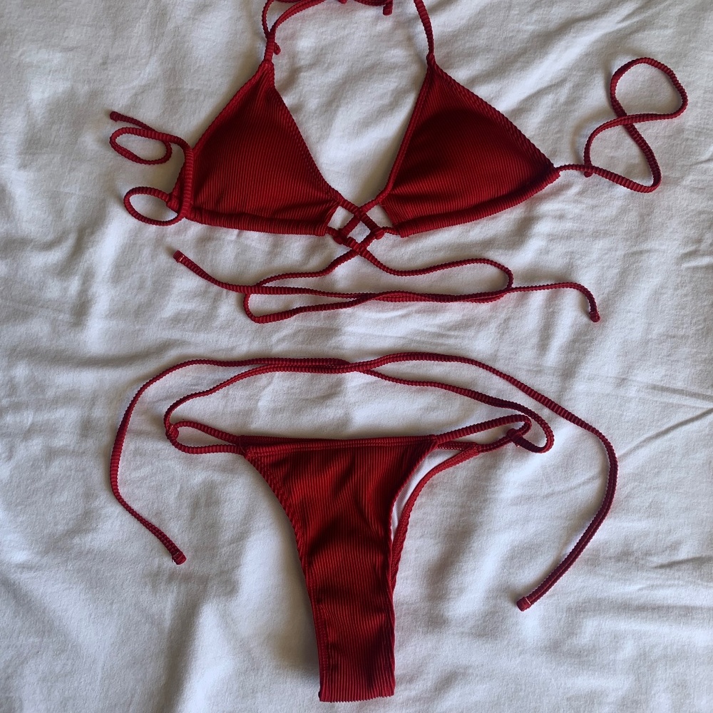 Red Ribbed Bikini with Sexy Cross Ties